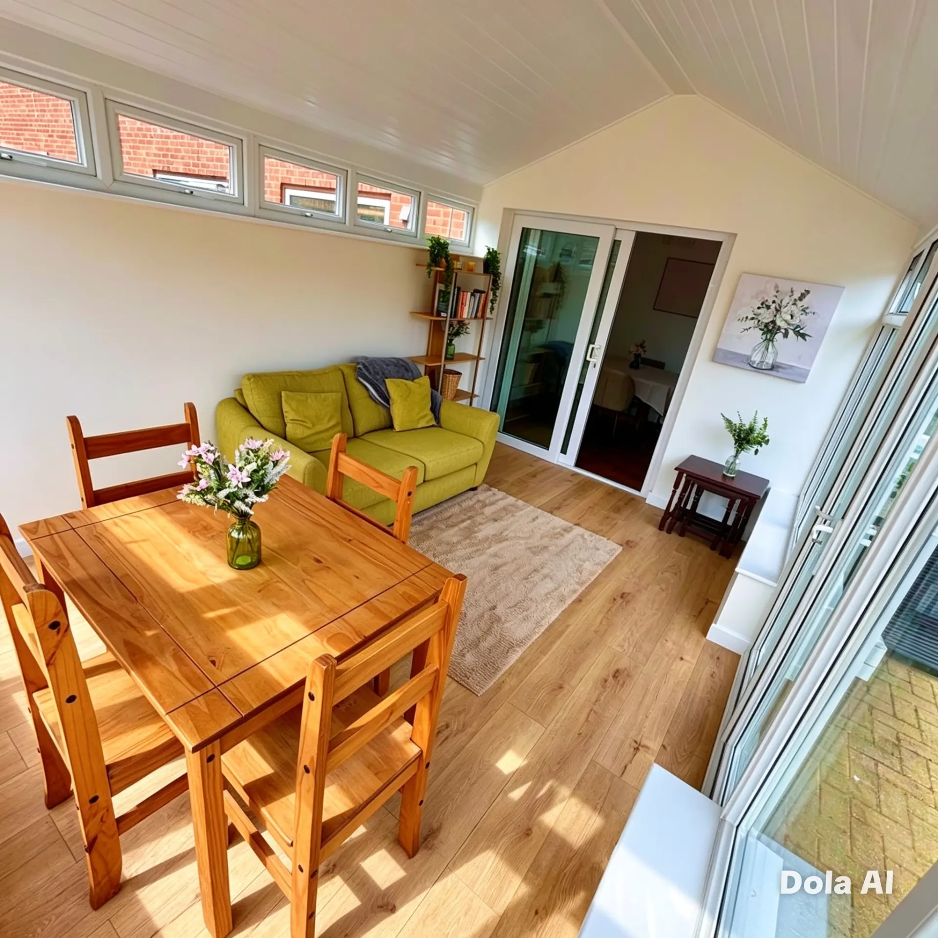 Garden room dining area with french doors and bookshelf