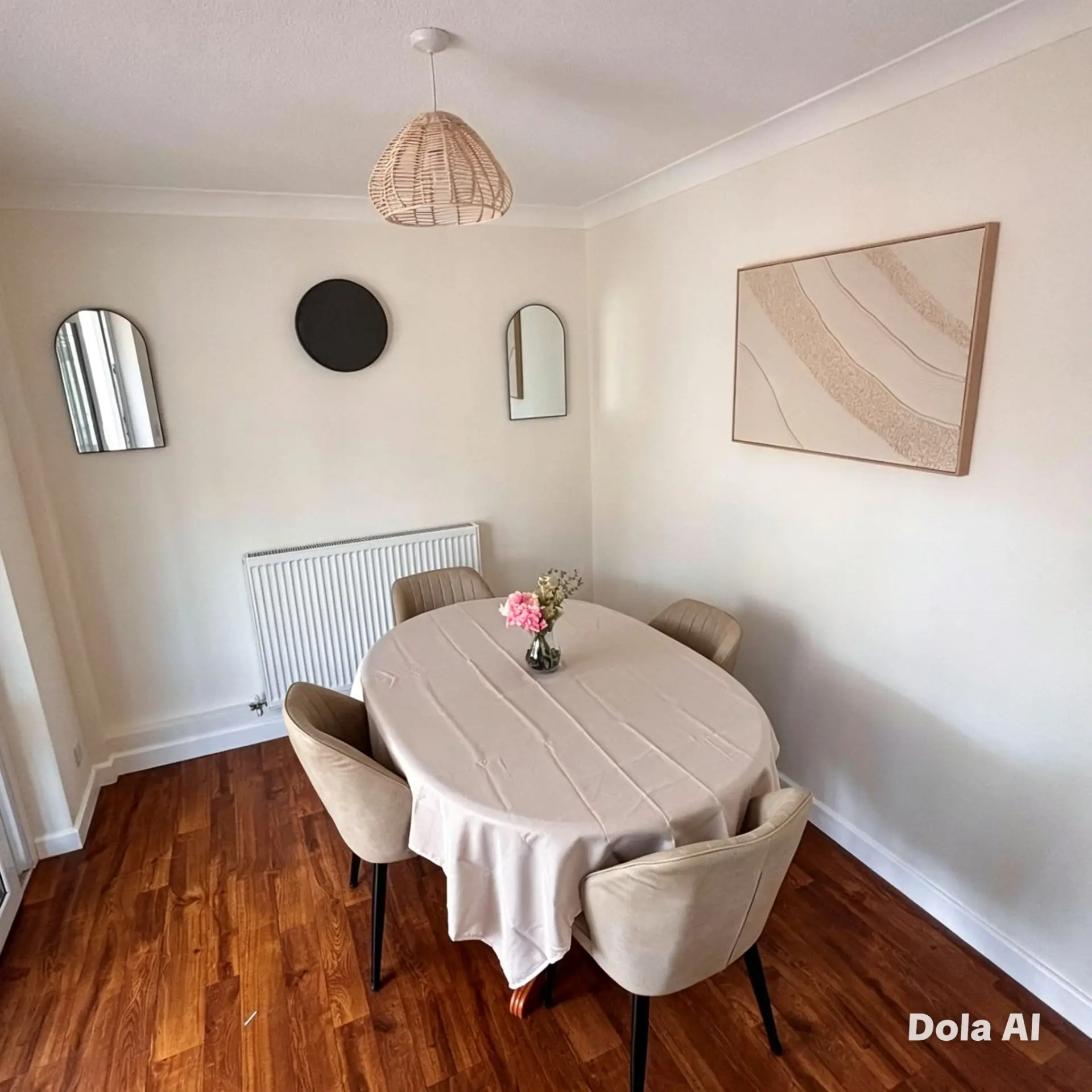 Dining room with oval table for four and warm wood floor