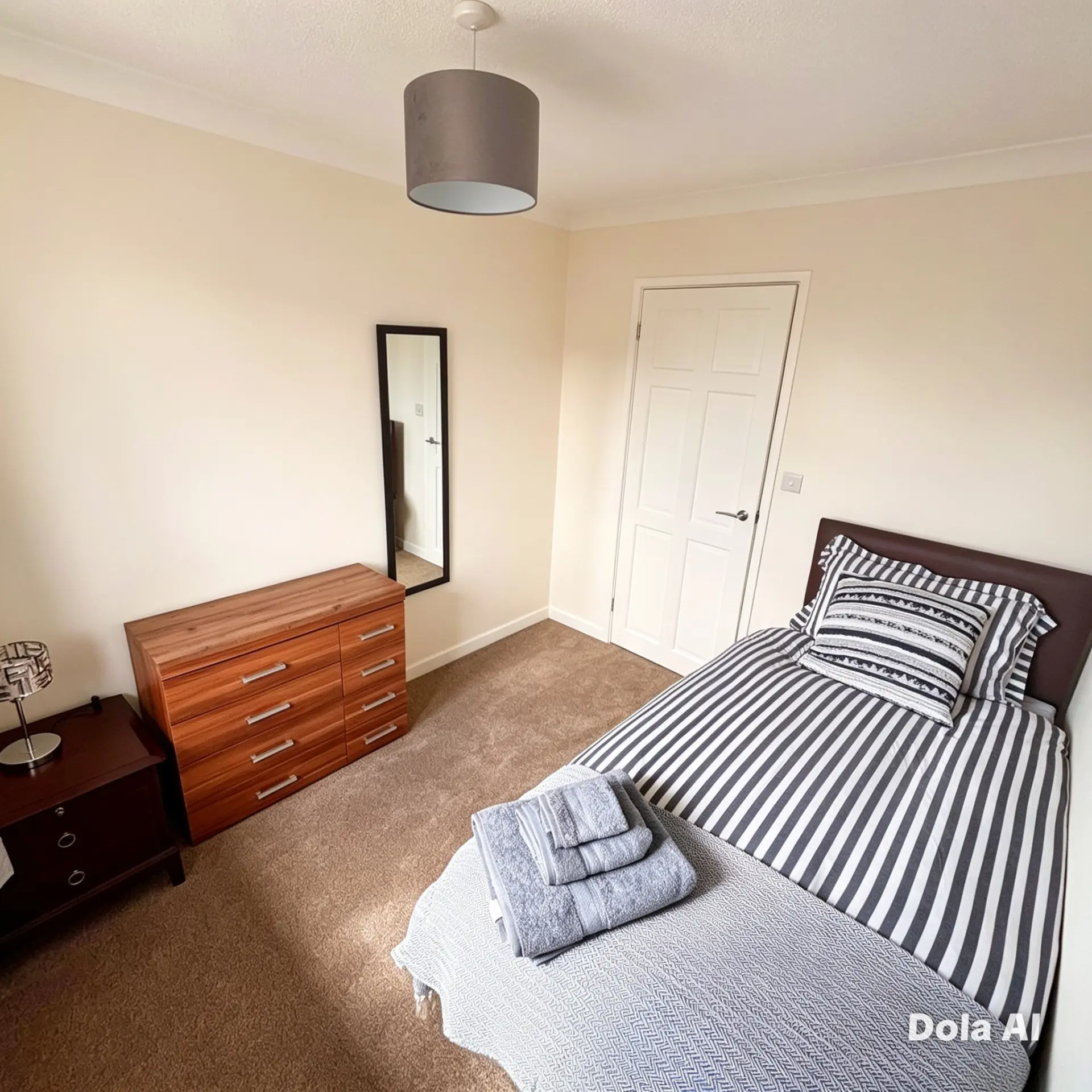 Single bedroom with striped bedding, drawers and mirror