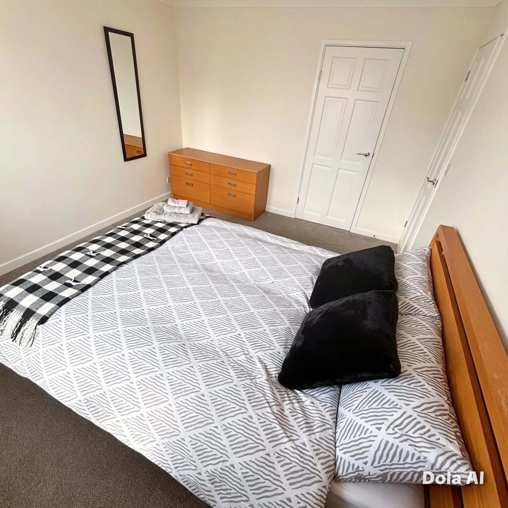 Double bedroom in white and grey with chest of drawers