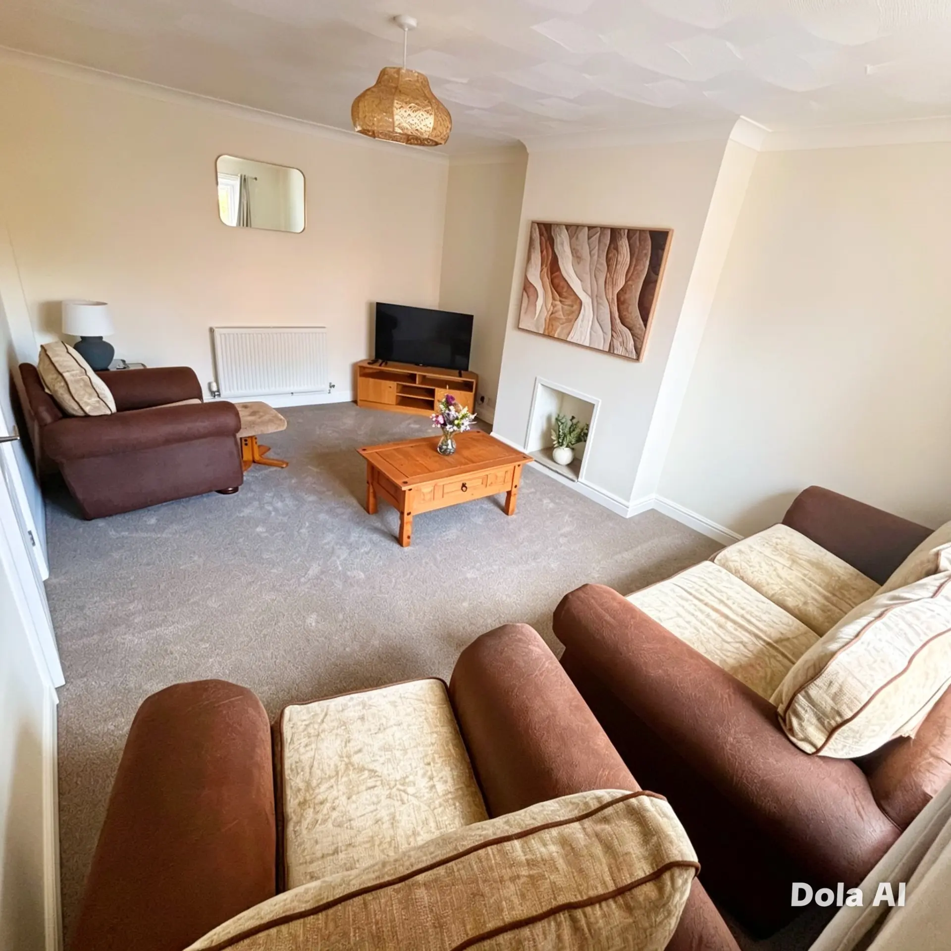 Spacious lounge with two sofas, smart TV and feature artwork