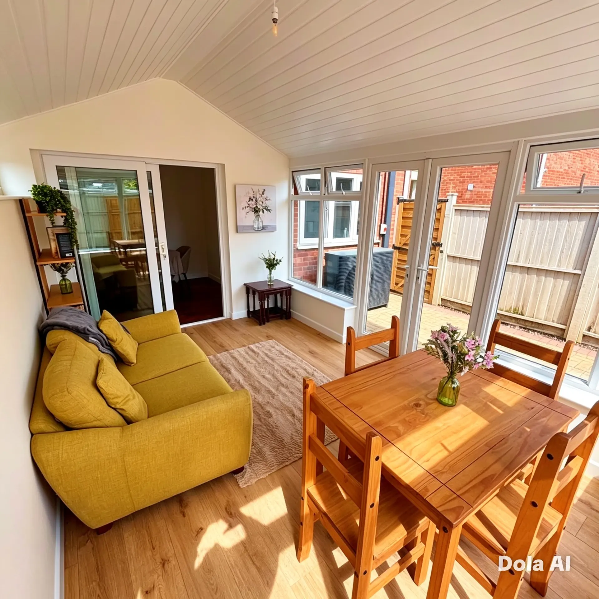 Sunroom with mustard sofa and pine dining table opening to the patio