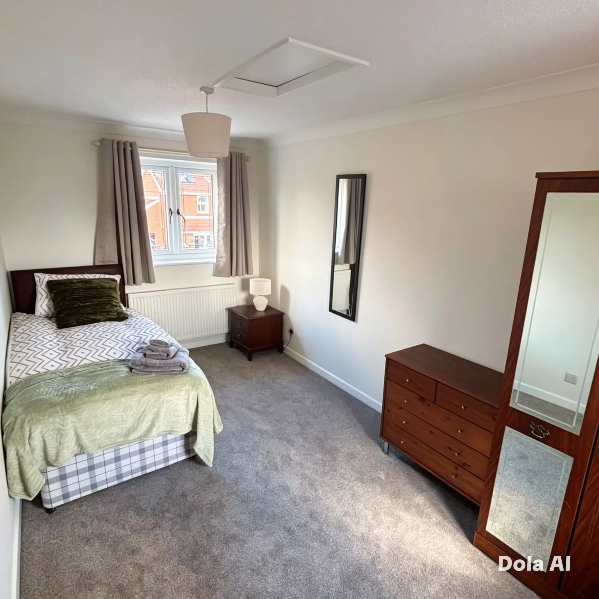Single bedroom with green throw, wardrobe and bedside lamp