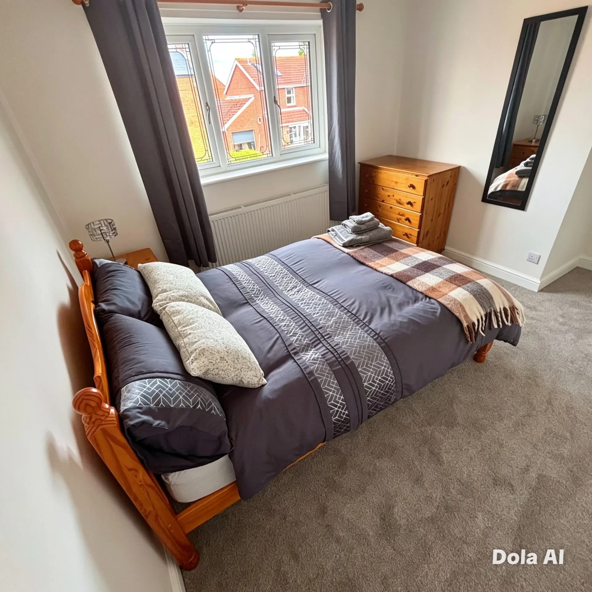 Double bedroom with pine bed frame, grey linen and fresh towels